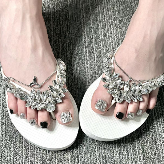 Glamorous Resort Inspired Short Square Silver and Black Press On Toenail Set with Stunning Rhinestone Accents
