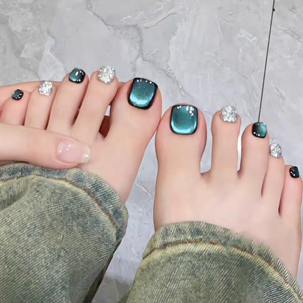 Enchanting Ocean Breeze Short Square Teal and Black Press-On Toenail Set with Sparkling Gem Accents