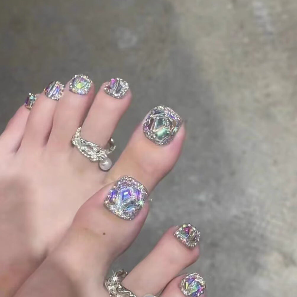 Glamorous Crystal-Cut Short Square Glittering Press-On Toenail Set in Iridescent Multi-Faceted Finish