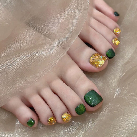 Enchanted Forest Short Square Green and Glittery Press on Toenail Set