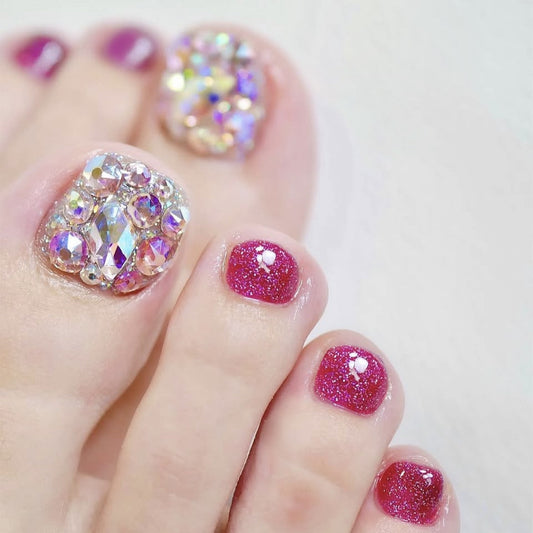 Glittering Elegance Short Square Pink Short Press On Toenail Set with Dazzling Gemstone Accents