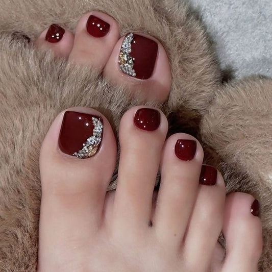 Glamorous Autumn Burgundy Short Square Press-On Toenail Set with Sparkling Accent Design