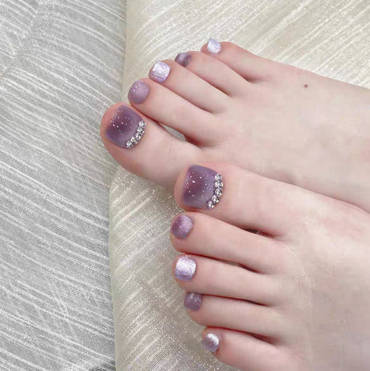 Glamorous Twilight Purple Short Square Press on Toenail Set with Sparkling Silver Accent