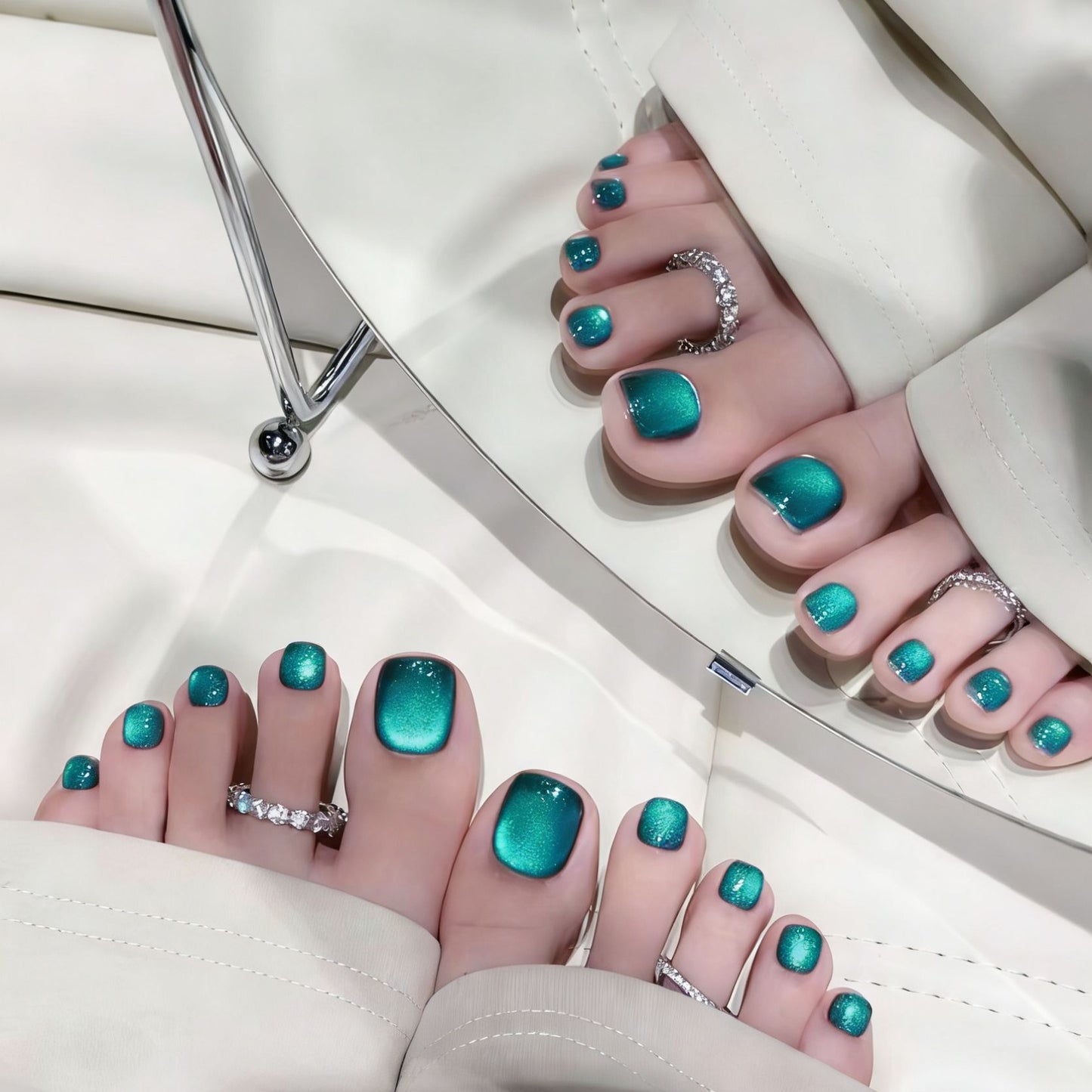 Enchanted Ocean Vibes Short Square Teal Shimmer Press On Toenail Set