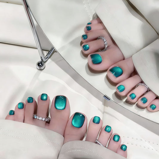 Enchanted Ocean Vibes Short Square Teal Shimmer Press On Toenail Set