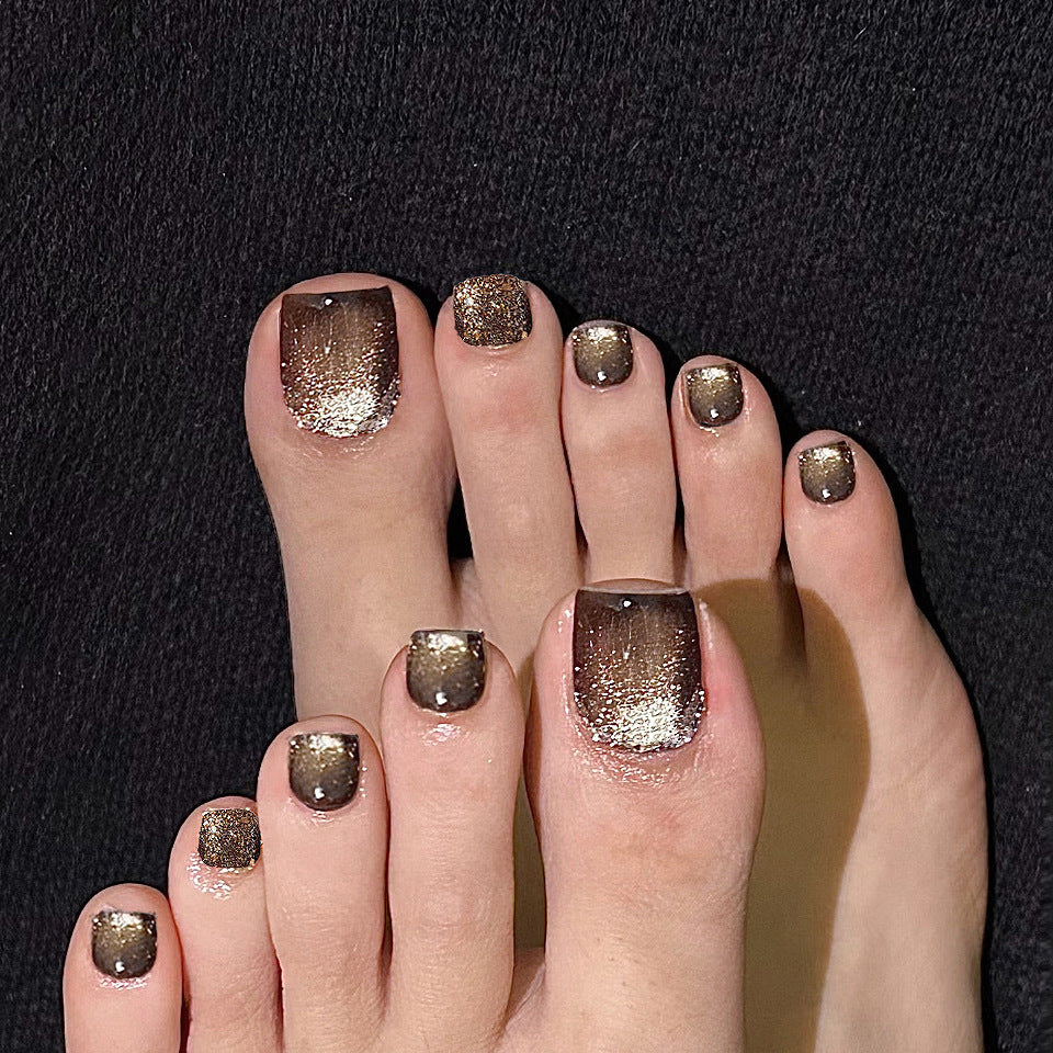 Glamorous Shine Short Square Chocolate Brown Glitter Press-On Toenail Set