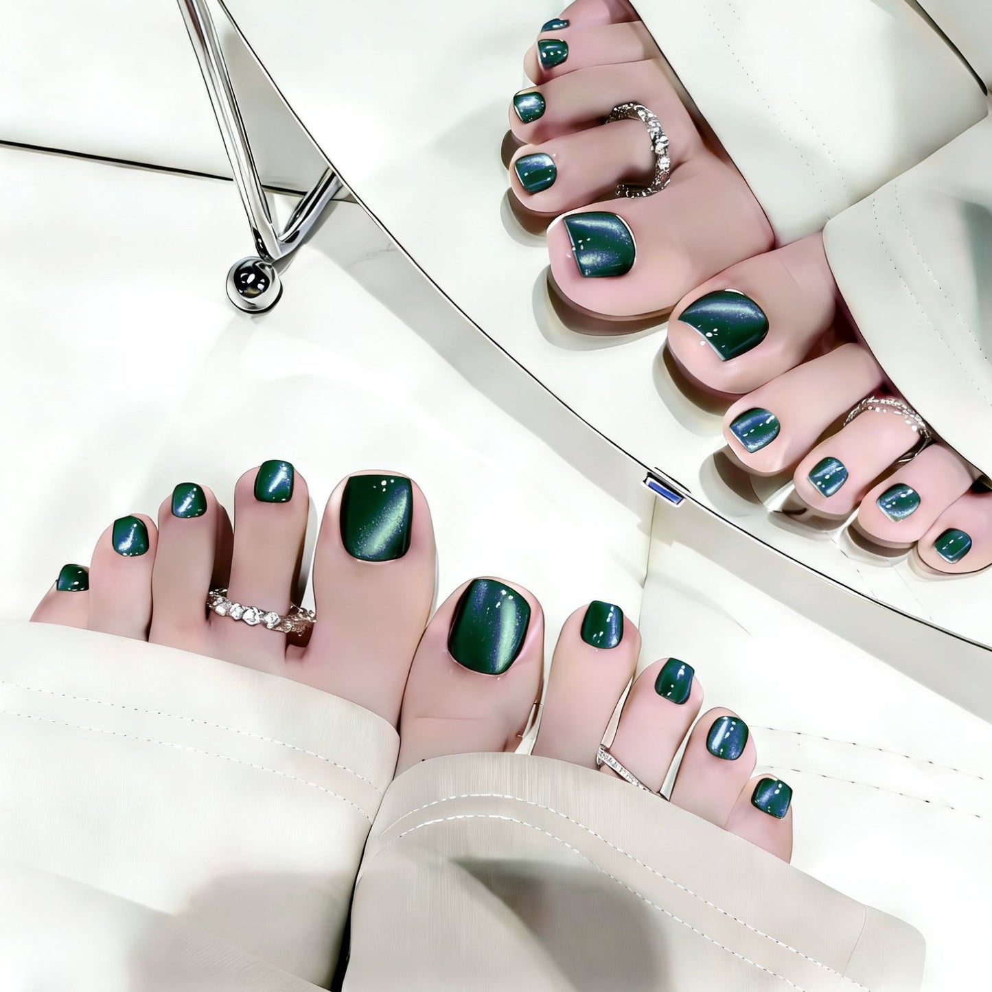 Enchanted Emerald Short Square Press On Toenail Set Featuring Iridescent Shine and Glossy Finish