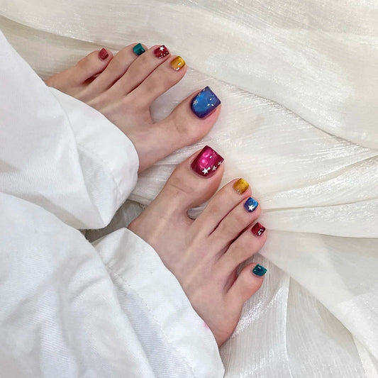 Cosmic Vibes Short Square Colorful Gradient Press On Toenail Set