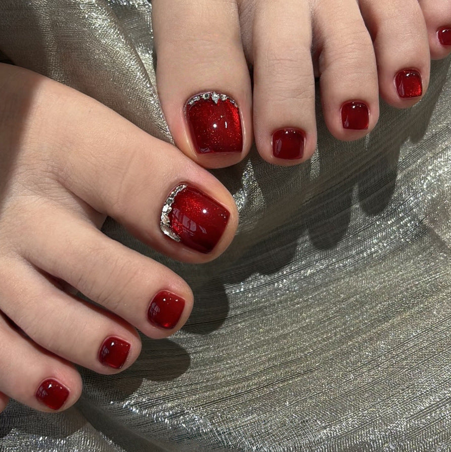 Glamorous Red Short Square with Sparkling Accent Press On Toenail Set