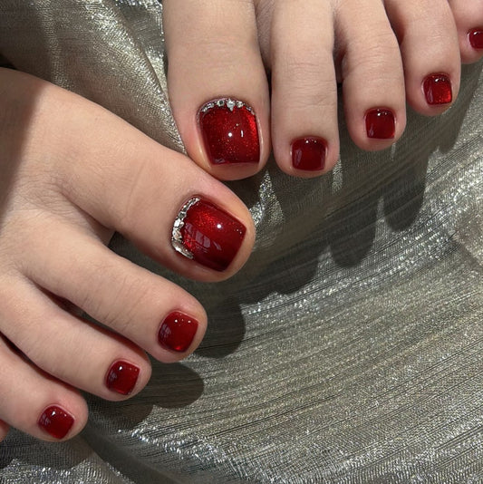 Glamorous Red Short Square with Sparkling Accent Press On Toenail Set