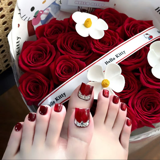 Hello Kitty Inspired Short Square Red Press On Toenail Set with Sparkling Accent