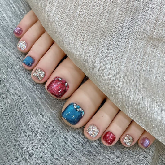 Glittering Ocean Breeze Short Square Blue and Red Toenail Set with Sparkling Gems