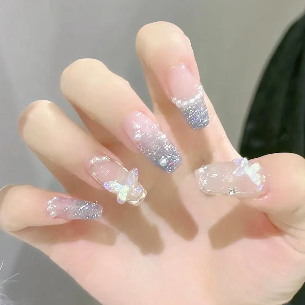 Whimsical Elegance Long Coffin Silver Ombre Press On Nail Set with Butterfly Accents