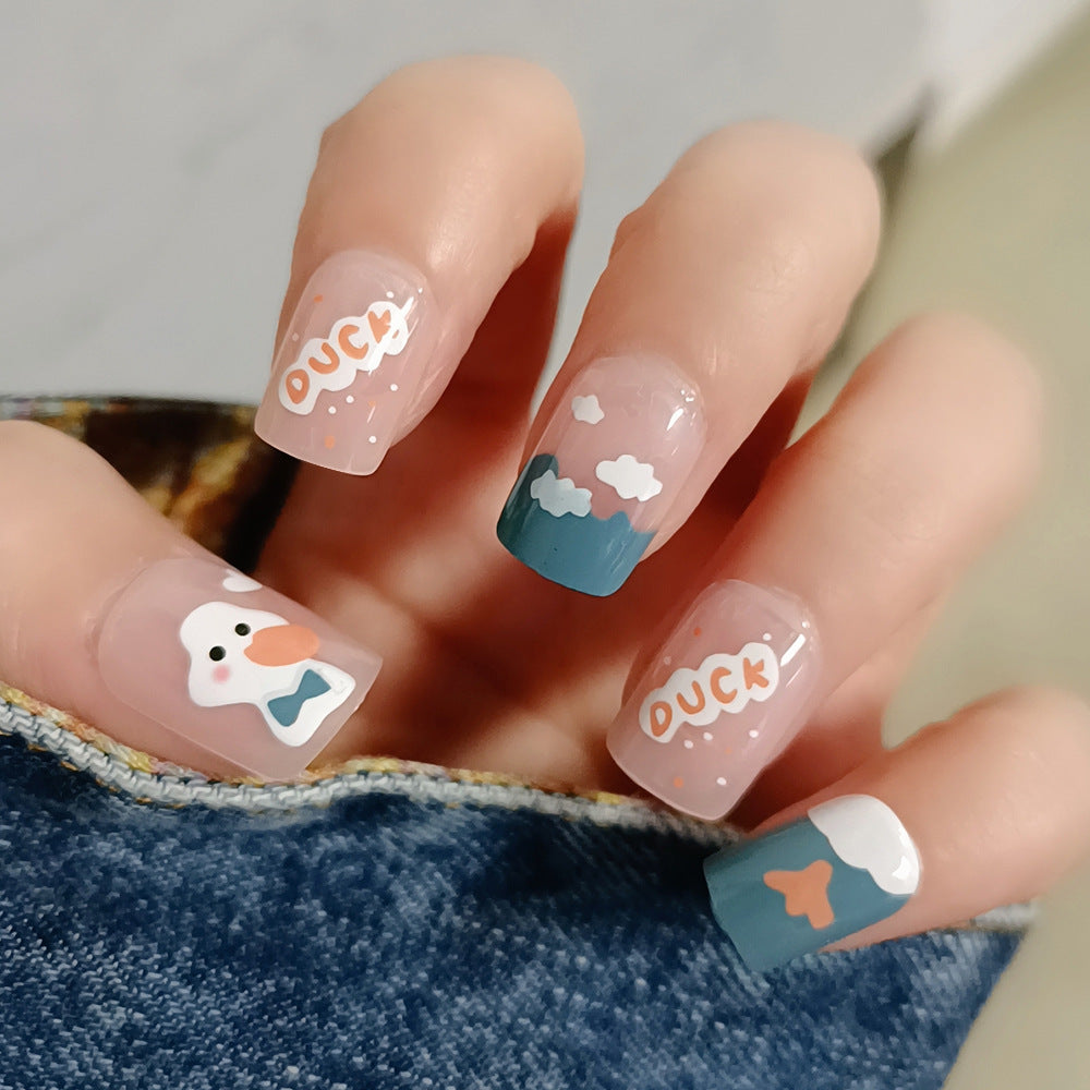 Quirky Duck Inspired Long Coffin Press On Nail Set in Pastel Pink and Blue with Adorable Cloud and Duck Designs