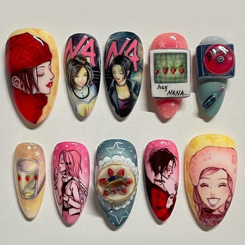 Artistic Vibes Medium Almond Multicolor Featuring Unique Character Designs Press On Nail Set