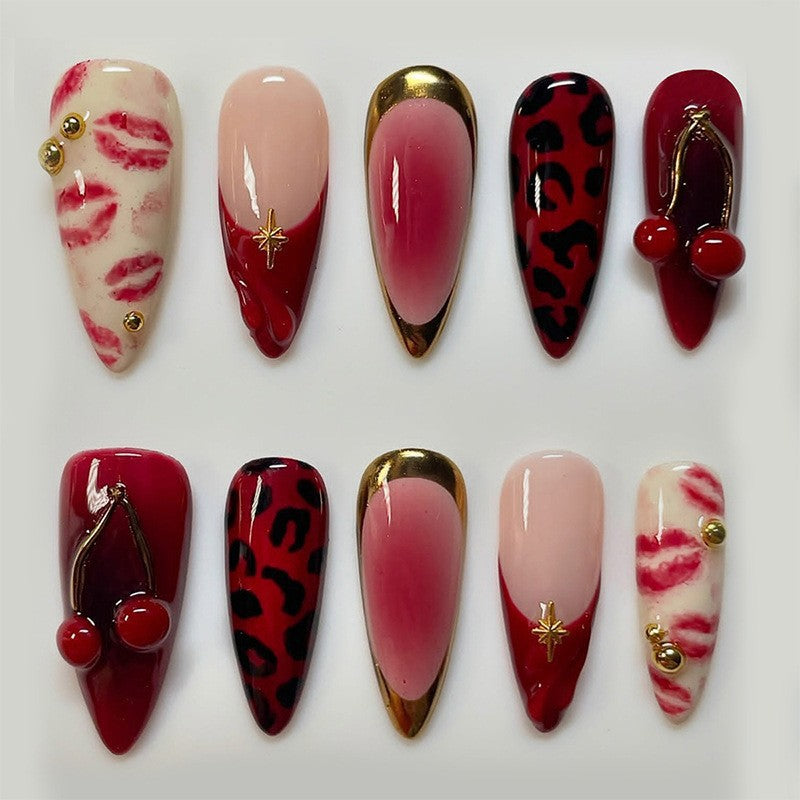 Glamorous Kiss Inspired Medium Almond Red and Pink Press On Nail Set with Gold Accents