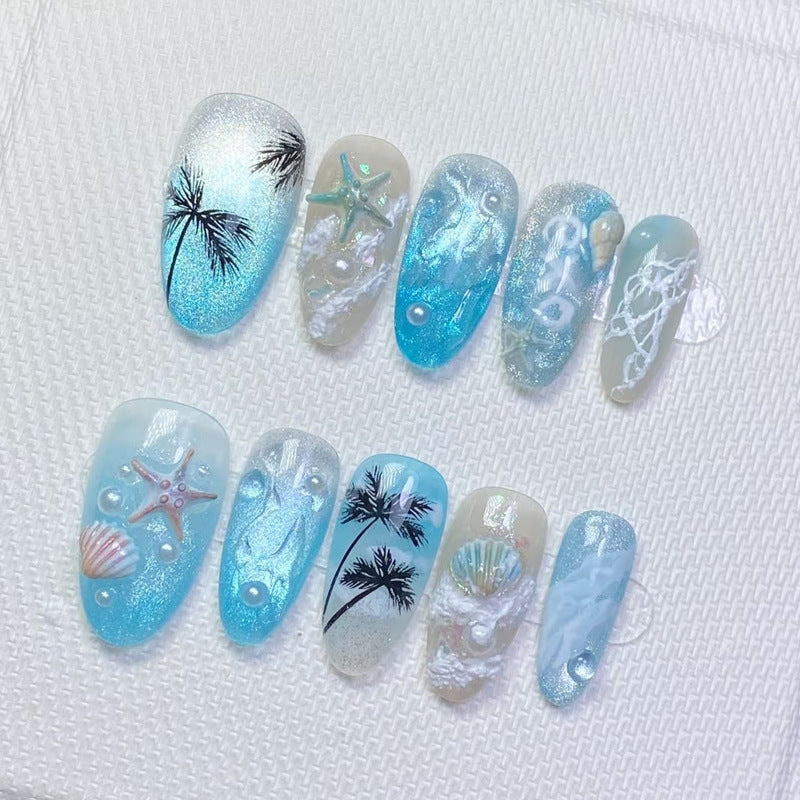 Tropical Vibes Medium Almond Blue Glittering Nail Set with Sea Themed Decorations