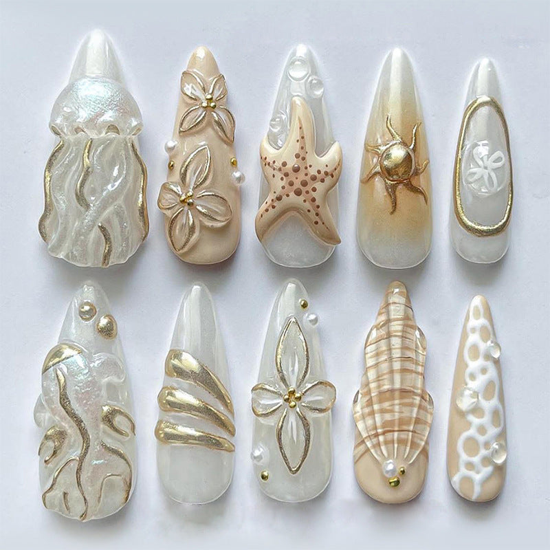 Coastal Elegance Medium Almond Translucent with Sea Inspired Accents Press on Nail Set
