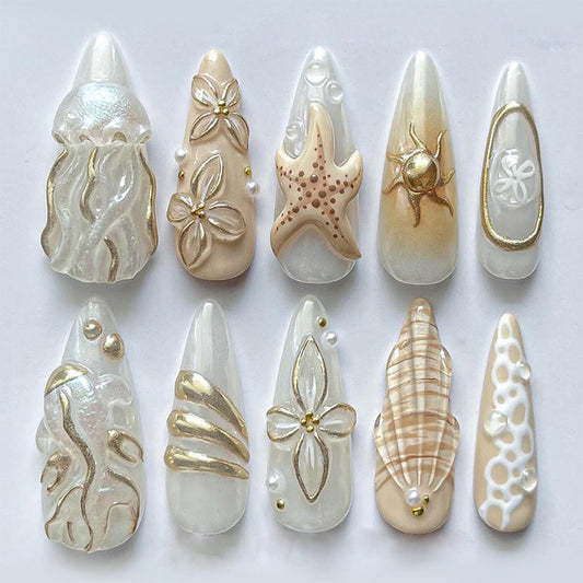 Coastal Elegance Medium Almond Translucent with Sea Inspired Accents Press on Nail Set