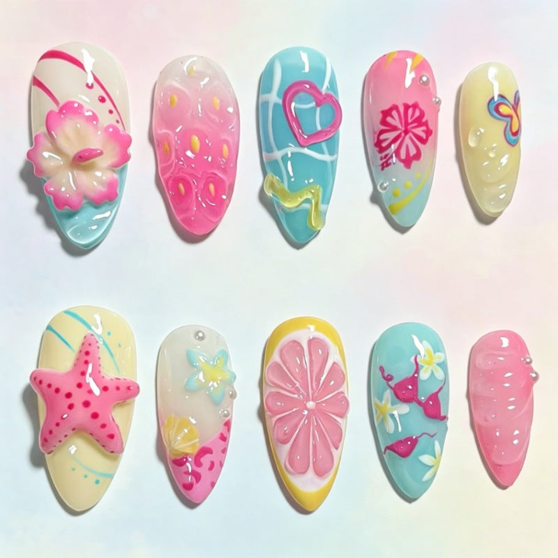 Tropical Vibes Medium Almond Pink and Blue Nail Set with Fun Decorative Elements