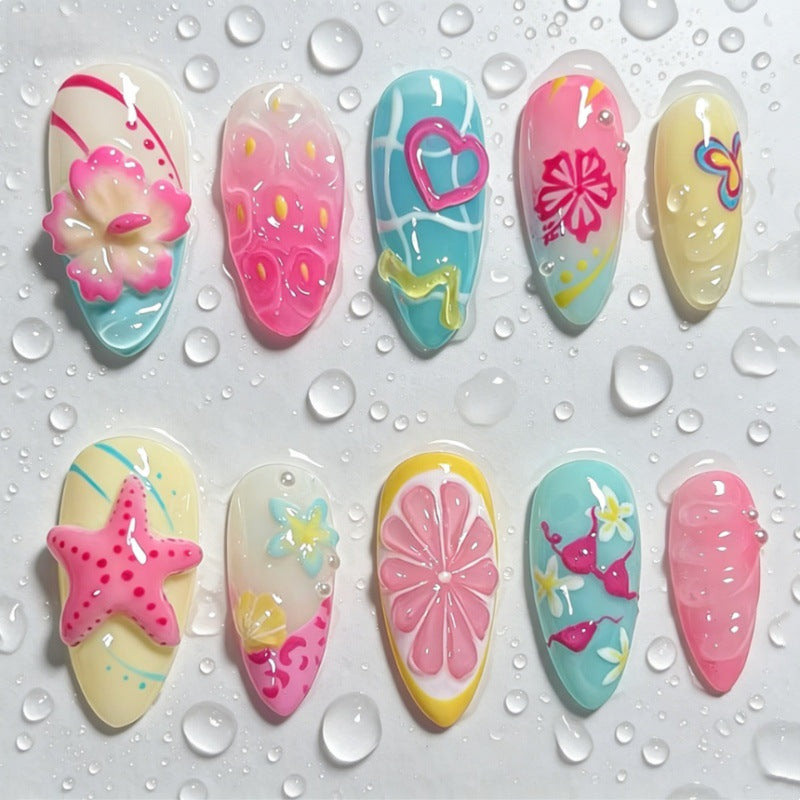 Tropical Delight Medium Almond Pink and Blue Press On Nail Set with Floral Design