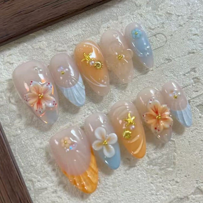 Tropical Paradise Medium Almond Transparent with Floral Accents Press on Nail Set