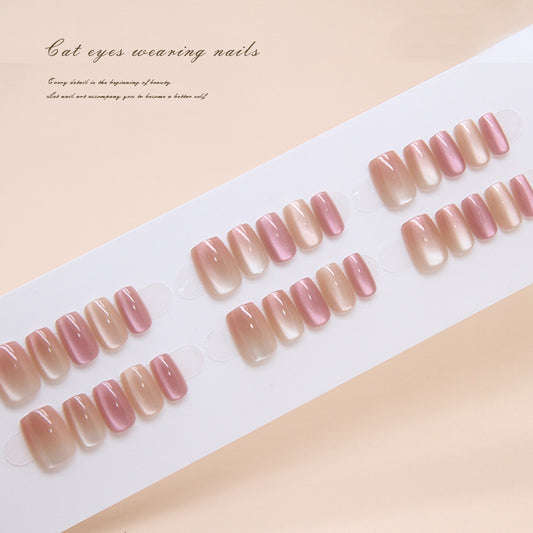 Elegant Ombre Fantasy Short Square Pink Press On Nail Set with Cat Eye Effect