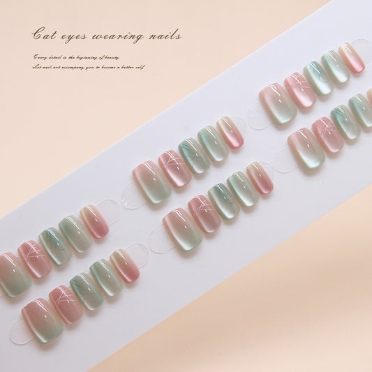 Enchanted Aurora Short Square Pastel Pink Green Press On Nail Set with Star Accents