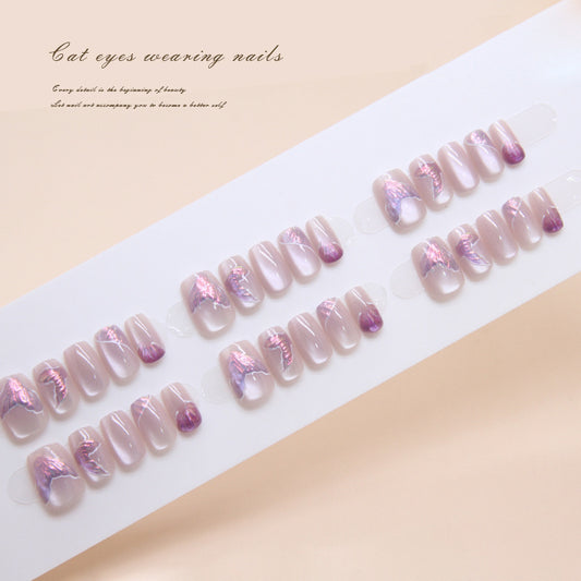 Enchanted Elegance Short Square Pink Press On Nails with Purple Accent Art Feature