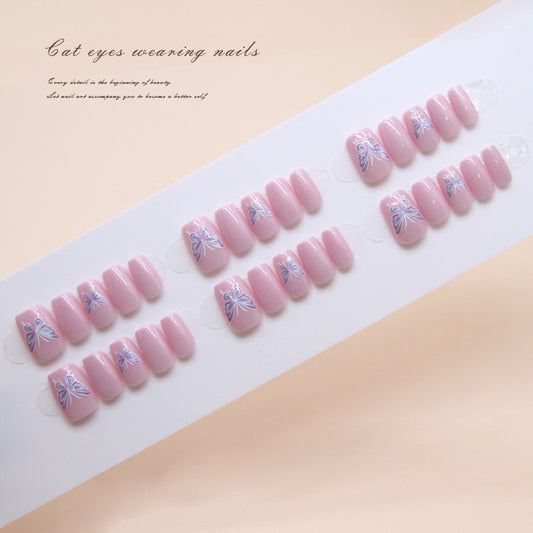 Elegant Floral Fantasy Short Coffin Pale Pink Press On Nails with Delicate Butterfly Accents