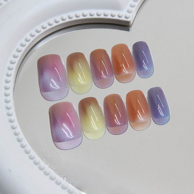 Whimsical Ombre Medium Square Press On Nail Set Colorful Gradient Design with Iridescent Shine