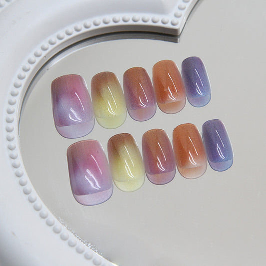 Whimsical Ombre Medium Square Press On Nail Set Colorful Gradient Design with Iridescent Shine