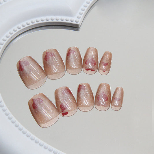 Romantic Bliss Short Coffin Beige Glitter Press On Nail Set with Heart Accents