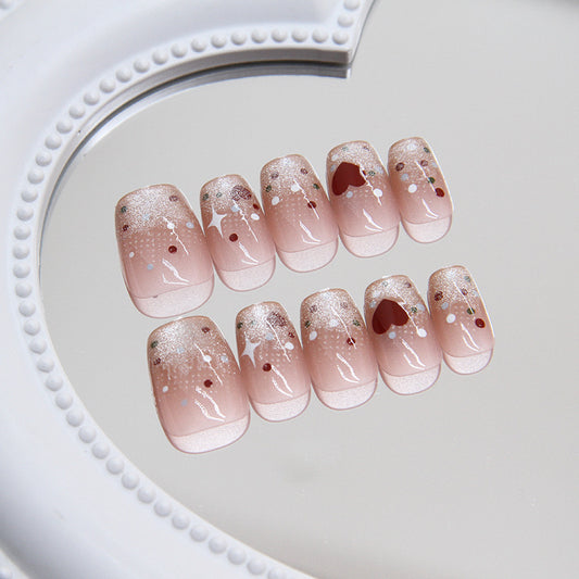 Starry Champagne Elegance Short Square Peach Press On Nail Set with Glitter Accents