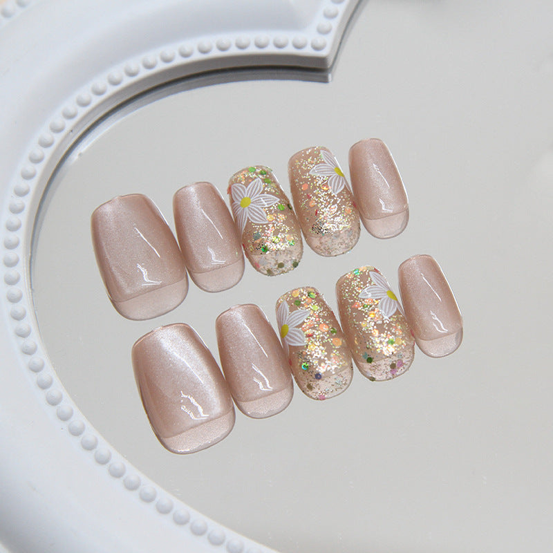 Spring Blossom Short Square Beige Glitter Floral Press On Nail Set