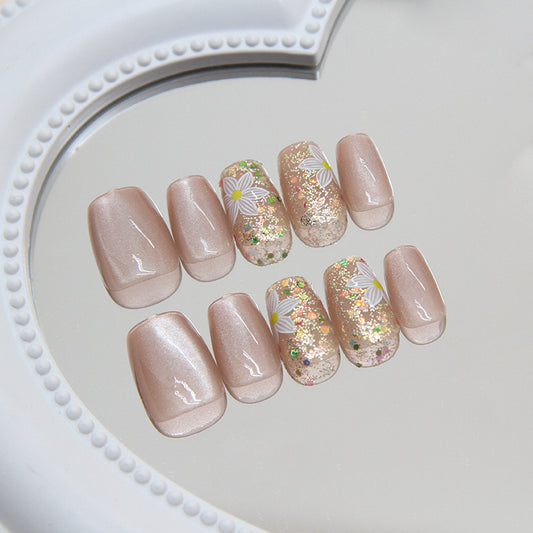 Spring Blossom Short Square Beige Glitter Floral Press On Nail Set