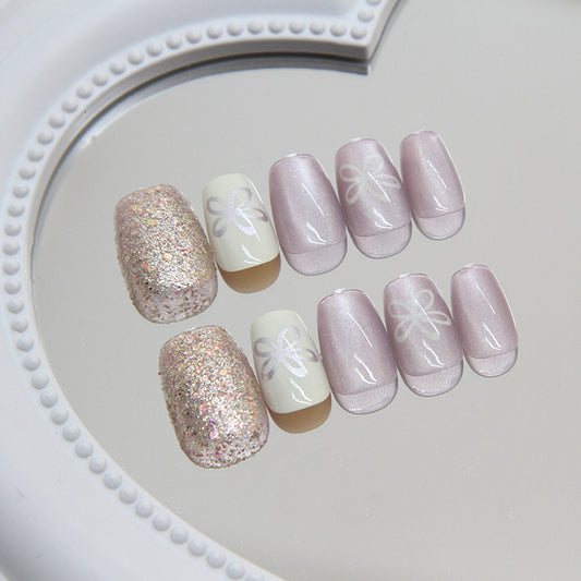 Enchanted Elegance Short Square Pale Pink & Glitter Press-On Nails with Bow Accents