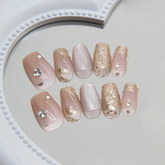 Elegant Soiree Short Square Beige and Blush Glitter Accent Press On Nail Set with Rhinestone Embellishments