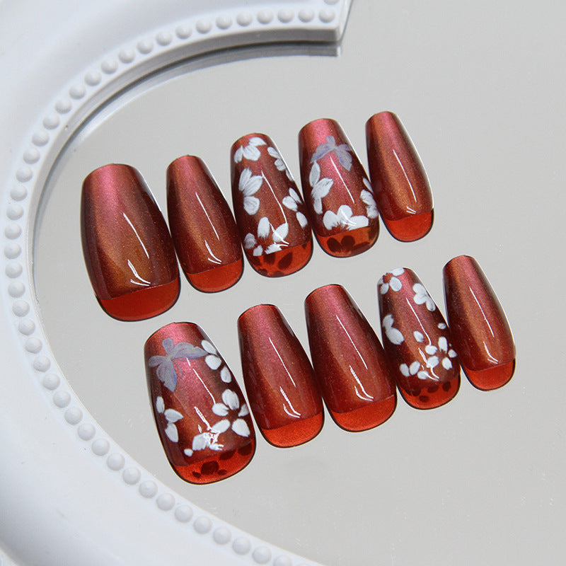 Autumn Elegance Medium Coffin Burgundy Floral Press On Nail Set with Glossy Finish