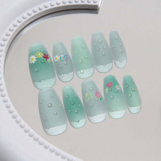 Spring Garden Medium Coffin Mint Green Floral Embellished Press On Nail Set
