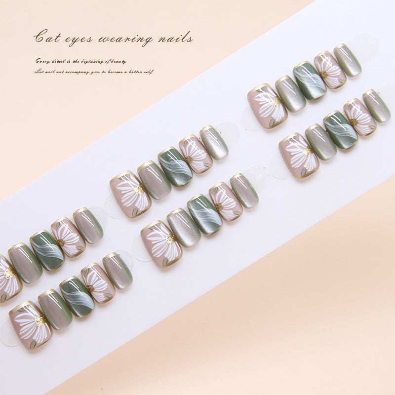 Whimsical Garden Elegance Short Square Green and Beige Floral Press On Nail Set