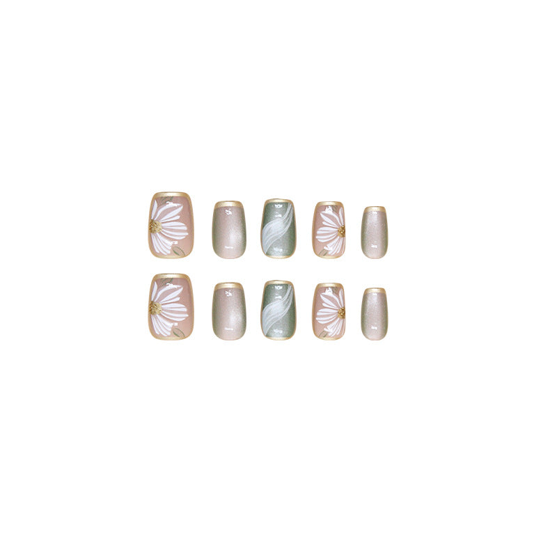 Botanical Elegance Short Square Soft Pink and Green Floral Press On Nail Set with Shimmer Finish
