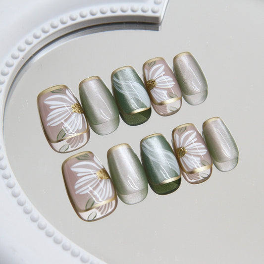 Spring Blossom Short Square Press On Nail Set, Gold Accent Floral Design in Soft Pastels