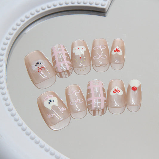 Whimsical Wonderland Short Square Light Pink Press On Nail Set with Animal Accents and Plaid Patterns