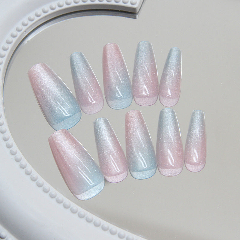 Enchanted Iridescent Unicorn Long Coffin Press-On Nail Set, Pink and Blue Ombre with Holographic Glitter Finish