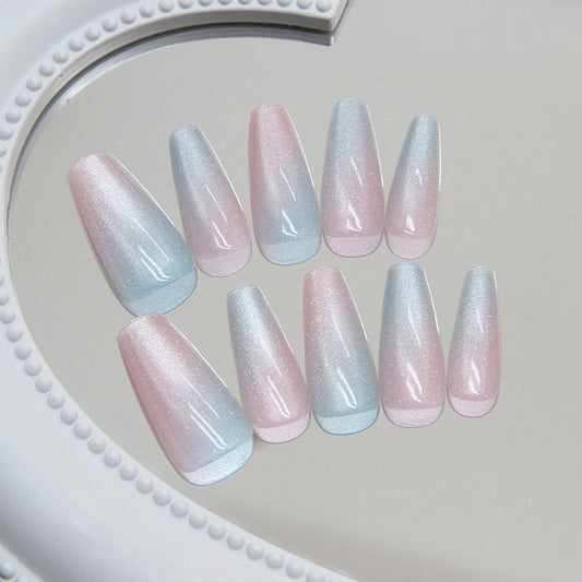 Enchanted Iridescent Unicorn Long Coffin Press-On Nail Set, Pink and Blue Ombre with Holographic Glitter Finish