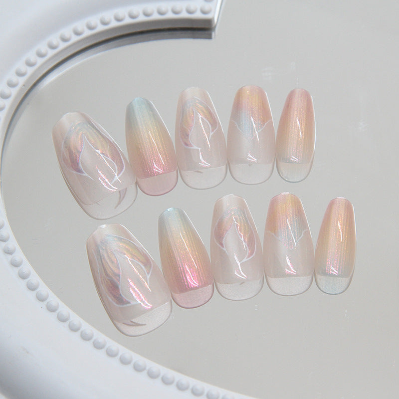 Enchanted Iridescent Medium Coffin Pink Holographic Press On Nail Set with Glitter Sparkle