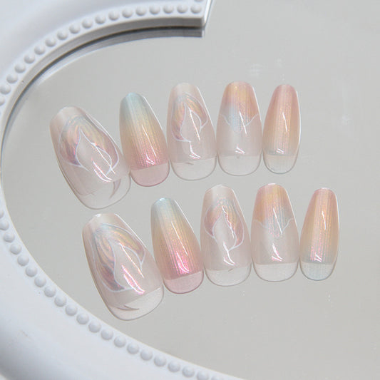 Enchanted Iridescent Medium Coffin Pink Holographic Press On Nail Set with Glitter Sparkle