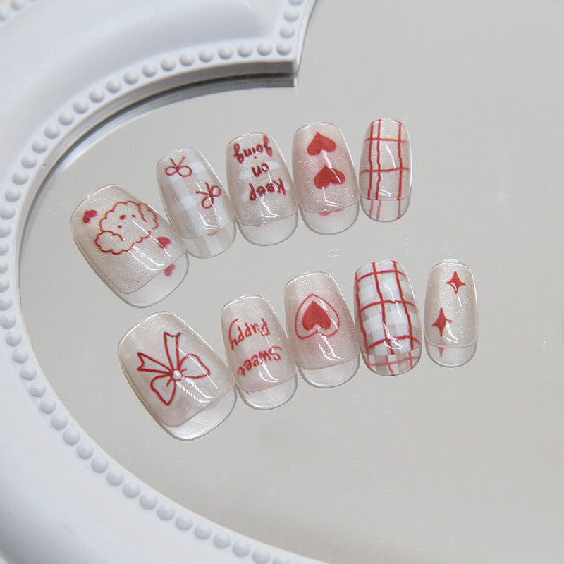 Whimsical Wonderland Short Square Press On Nail Set in Pearly White with Red Embellishments and Textured Accents
