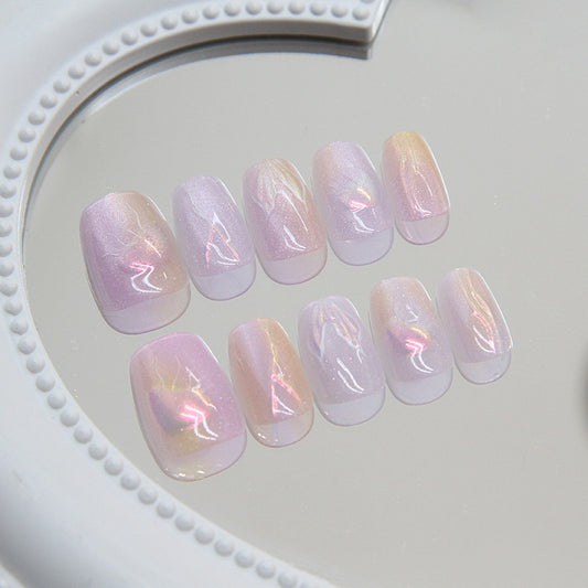 Enchanted Iridescent Short Round Lavender Press On Nails with Holographic Accents
